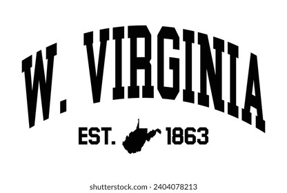 Diseño tipográfico de Virginia Occidental con vector de mapa. Vector de efecto de texto imprimible de diseño de camisetas del colegio editable	