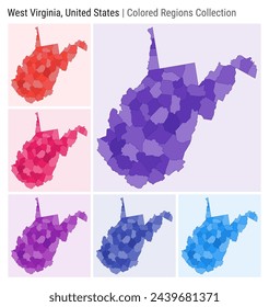 West Virginia, United States. Map collection. State shape. Colored counties. Deep Purple, Red, Pink, Purple, Indigo, Blue color palettes. Border of West Virginia with counties. Vector illustration.