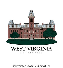 West Virginia University, bright background with main university building vector illustration, granville, westover, morgantown, harmony grove, pittsburgh, west virginia, washington dc, columbus