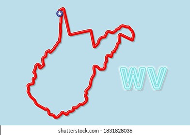 Der US-Bundesstaat West Virginia hat einen kühnen Rahmenplan aufgestellt. Glossy roter Rand mit weichem Schatten. Abkürzung mit zwei Buchstaben. Vektorgrafik.