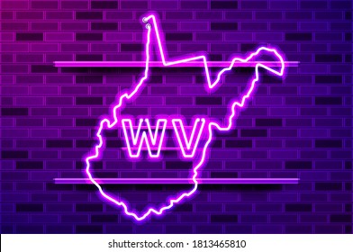 West Virginia US state glowing neon lamp sign. Realistic vector illustration. Purple brick wall, violet glow, metal holders.