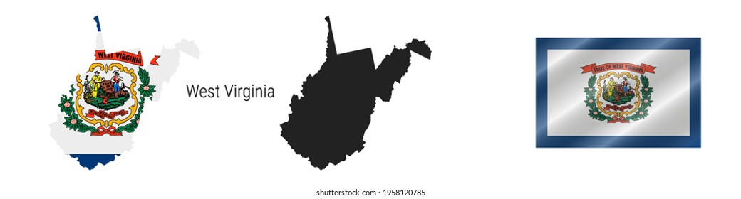 West Virginia US state map with masked flag. Detailed silhouette. Waving flag. Vector illustration isolated on white.