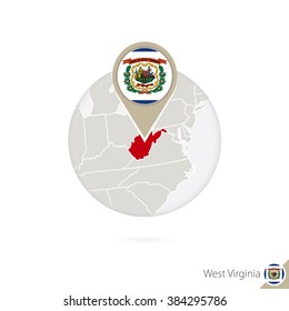 West Virginia US State map and flag in circle. Map of West Virginia, West Virginia flag pin. Map of West Virginia in the style of the globe. Vector Illustration.