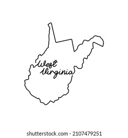 West Virginia US state outline map with the handwritten state name. Continuous line drawing of patriotic home sign. A love for a small homeland. T-shirt print idea. Vector illustration.