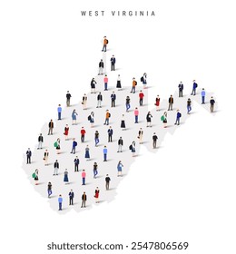 West Virginia US state population map. Large group of realistic a diverse crowd of people figures. Flat vector illustration isolated on white.