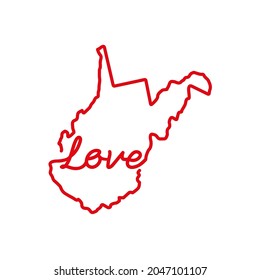 West Virginia US state red outline map with the handwritten LOVE word. Continuous line drawing of patriotic home sign. A love for a small homeland. Interior decoration idea. Vector illustration.
