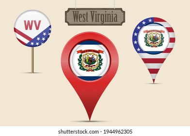 West Virginia US state round flag. Map pin, red map marker, location pointer. Hanging wood sign in vintage style. Vector illustration. American stars and stripes flag. Two-letter state abbreviation.