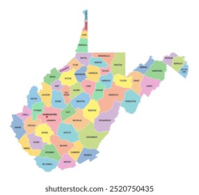 West Virginia, US-Bundesstaat, in 55 Bezirke unterteilt, mehrfarbige politische Karte mit Hauptstadt Charleston, Grenzen und Bezirksnamen. Staat im Südosten und Mittleren Atlantik der USA.