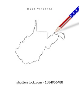 West Virginia US state vector map pencil sketch. West Virginia outline contour map with 3D pencil in american flag colors. Freehand drawing vector, hand drawn sketch isolated on white.