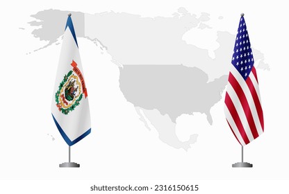 Banderas de EEUU y EEUU de Virginia Occidental para una reunión oficial contra el fondo del mapa mundial.