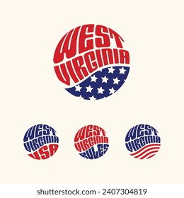 EEUU de Virginia Occidental, pegatina patriótica o conjunto de botones. Ilustración vectorial para stickers de viajes, insignias políticas, camisetas.