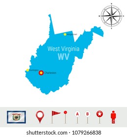 West Virginia Vector Map Isolated on White. High Detailed Silhouette of West Virginia State. Vector Flag of West Virginia. 3D Map Markers or Pointers, Navigation Elements. Rose of Wind or Compass Icon