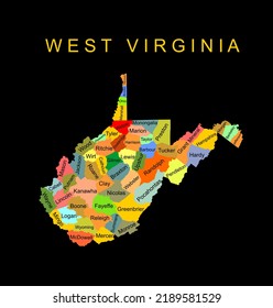 West Virginia vector map silhouette illustration isolated on black background. High detailed illustration. United state of America country. Colorful West Virgina map with separated counties and border