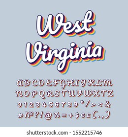 West Virginia vintage 3d vector lettering. Retro bold font, typeface. Pop art stylized text. Old school style letters numbers, symbols pack. 90s poster typography design. Baby blue color background