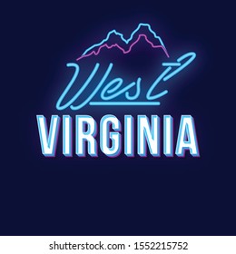 West Virginia vintage 3d vector lettering. Retro bold font, typeface. Pop art stylized text. Old school style neon light letters. 90s poster, banner, t shirt typography design. Blue color background