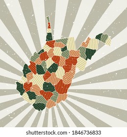West Virginia vintage map. Grunge poster with map of the US state in retro color palette. Shape of West Virginia with sunburst rays background. Vector illustration.