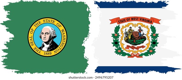 West Virginia and Washington states grunge brush flags connection, vector