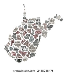 West Virginia Word Cloud. State shape with county division. West Virginia typography style image. County names tag clouds. Vector illustration.