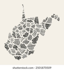 West Virginia Word Cloud. State with counties division. West Virginia typographic text clouds vector image design. Vintage gazette style state shape image. Amazing vector illustration.