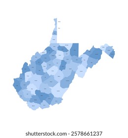 West Virginia, WV - detailed political map of US state. Administrative map divided into counties. Blue map with county name labels. Vector illustration