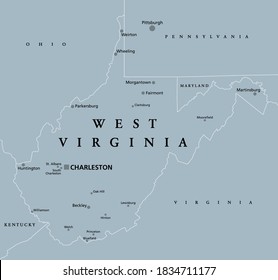 West Virginia, WV, Gray Political Map. State In The Appalachian Region Of The Southern United States And In The Mid-Atlantic Southeast Region. Capital Charleston. Mountain State. Illustration. Vector.