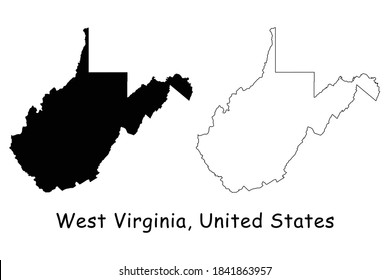 West Virginia WV state Map USA. Black silhouette and outline isolated maps on a white background. EPS Vector