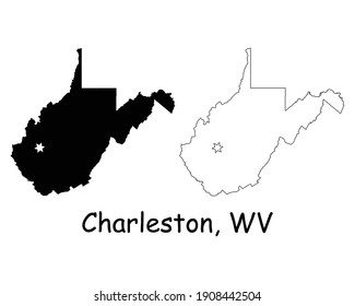 West Virginia WV state Map USA with Capital City Star at Charleston. Black silhouette and outline isolated maps on a white background. EPS Vector