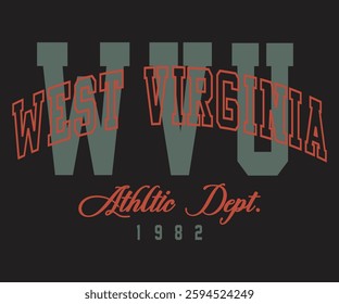 West Virginia WVU Varsity collage slogan tee typography print design. Vector t-shirt graphic or other uses.	