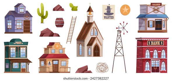 Wester city buildings, wooden houses, church and bank, post and saloon. Vector cartoon isolated icons of elements for street decor. Rocks and cactus, sheriff badge and wanted picture of criminal