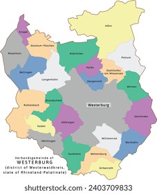 Westerburg verbandsgemeinde map of Westerwaldkreis district Rhineland-Palatinate (Rheinland-Pfalz) state in Germany. Vectored. Retro colors