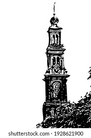Westerkerk clock tower in Amsterdam. It is next to Amsterdam's Jordaan district, on the bank of the Prinsengracht canal.
