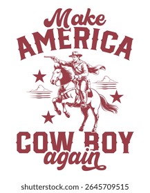 Design de vetor de camisa ocidental de 4 de julho com vibrações de cowboy ousadas e toque patriótico vintage - ideal para impressão sob demanda e mercadorias