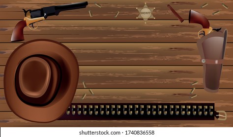 Accesorios y objetos occidentales sobre una mesa de madera. Elementos vectores, pistolas, balas con cinturón, cigarro estrella del sheriff y sombrero de vaquero.