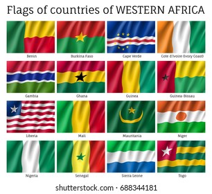 Western Africa flag set. National symbol of state, sovereignty and identity official element. Realistic style vector illustration on white background