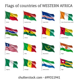 Western Africa flag set. National symbol of state, sovereignty and identity official element. Realistic style vector illustration on white background