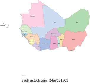 Western Africa Map with 17 Countries including 16 states and the United Kingdom Overseas Territory of Saint Helena