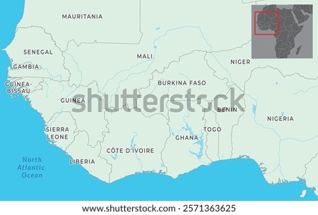 Western Africa map highlighting countries such as Nigeria, Ghana, Senegal, and others, along with borders and geographical features