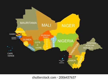 Western Africa vector map high detailed silhouette illustration isolated on black background. Western Africa regional map with separated borders without country members. Cote d Ivore map.