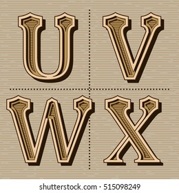 Western alphabet design letters vintage vector (u, v, w, x)