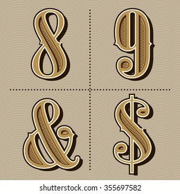 Western alphabet letters vintage numbers design vector (8,9,&,$)