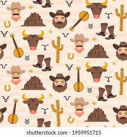 Western American ranch themed seamless pattern with cowboy illustrations, cows, boots and other design elements on light beige background