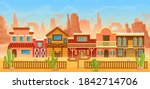 Western American town in desert landscape vector illustration. Cartoon flat scenery in wild west of America, old houses with home, bar saloon or bank for cowboys, cactuses on mountain rocks background