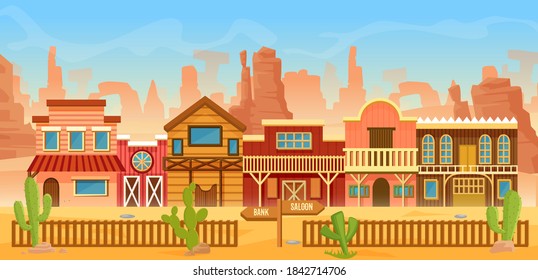 Western American town in desert landscape vector illustration. Cartoon flat scenery in wild west of America, old houses with home, bar saloon or bank for cowboys, cactuses on mountain rocks background