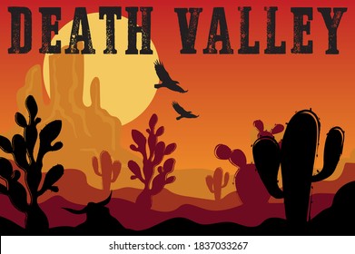 Western Arizona Desert Illustraiton Print for T Shirt - Canyon Sketch with Cactus Eagle and Sunset Colors - Graphic Tee Pattern Vector