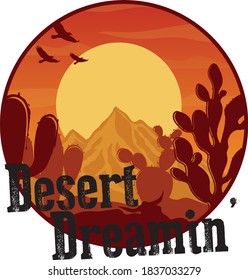 Western Arizona Desert Illustraiton Print for T Shirt - Canyon Sketch with Cactus Eagle and Sunset Colors - Graphic Tee Pattern Vector