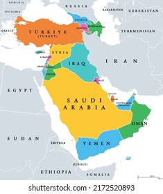 Westasien, Geoschema und politische Landkarte. Teilregion Asien, für statistische Zwecke verwendet, die geografische Regionen von Anatolien, Kaukasus, Levant, Mesopotamien bis zur arabischen Halbinsel abdecken.