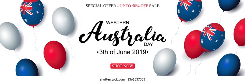 Western Australia Day 3th of June sale celebration banner template australian balloons flag decor. Holiday poster template. Vector illustration