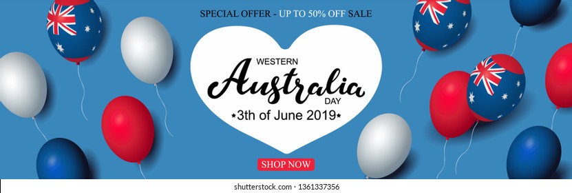 Western Australia Day 3th of June sale celebration banner template australian balloons flag decor. Holiday poster template. Vector illustration