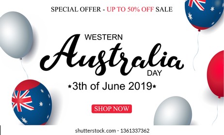 Western Australia Day 3th of June sale celebration banner template australian balloons flag decor. Holiday poster template. Vector illustration