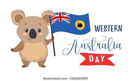 Western Australia Day banner. Cute cartoon coala holding west australian flag